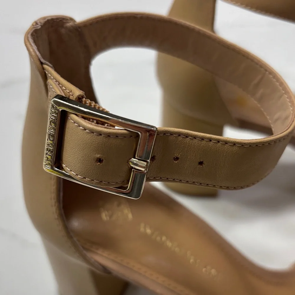 ANTONIO MELANI Tan Block Heel Sandals with Ankle Strap and Buckle